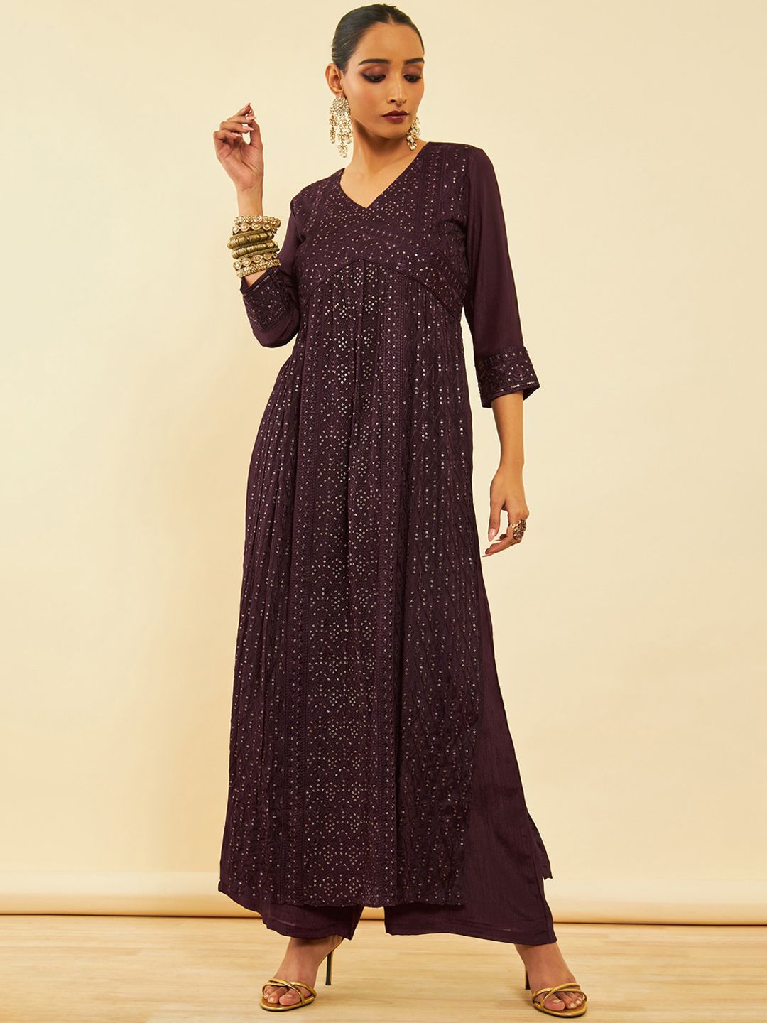 Dhiyona SO Women's Floral Embroidered Sequinned Kurta With Palazzos & Dupatta
