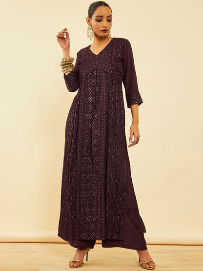 Dhiyona SO Women's Floral Embroidered Sequinned Kurta With Palazzos & Dupatta
