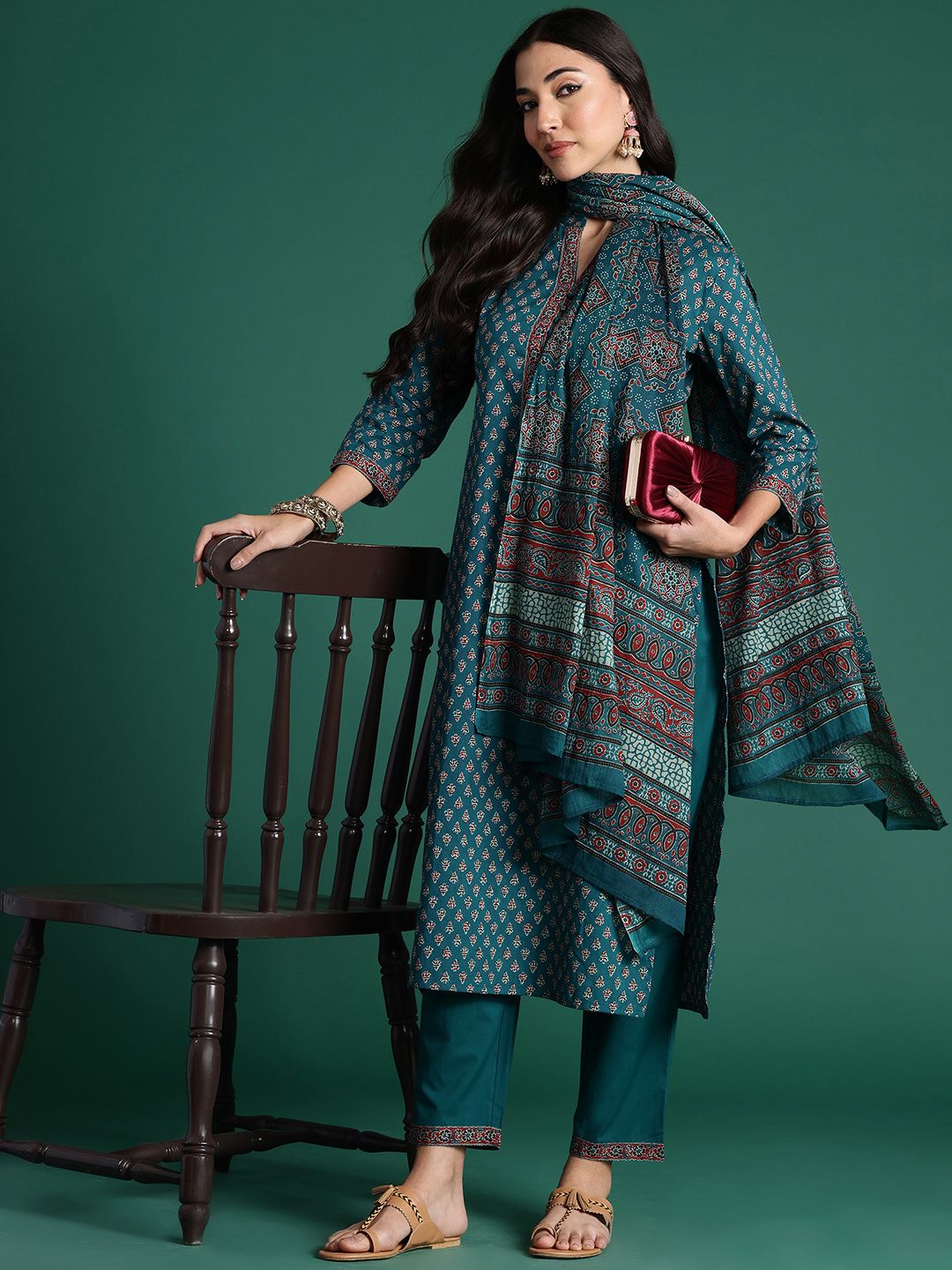 Dhiyona IE Ethnic Motifs Printed Pure Cotton Kurta With Trousers & Dupatta