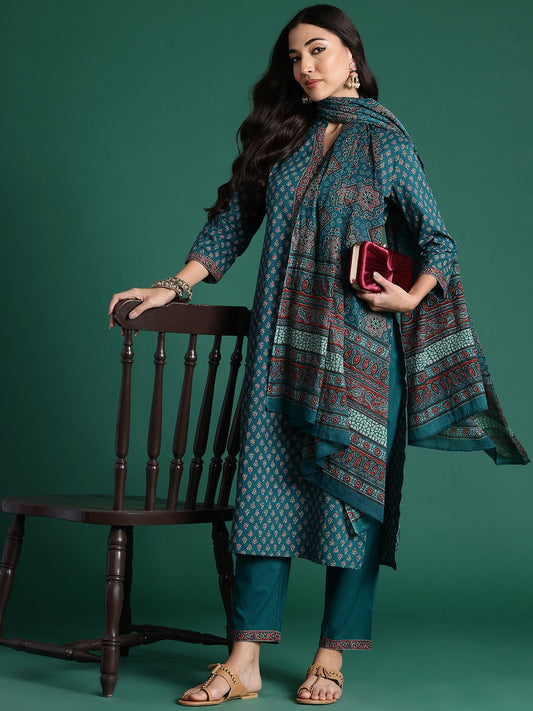 Dhiyona IE Ethnic Motifs Printed Pure Cotton Kurta With Trousers & Dupatta