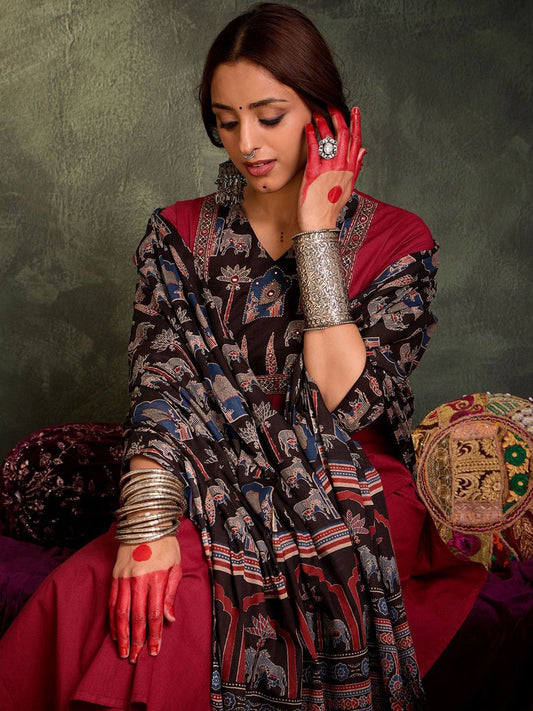 Ethnic Motifs Yoke Design Pure Cotton Straight Kurta With Trousers & Dupatta