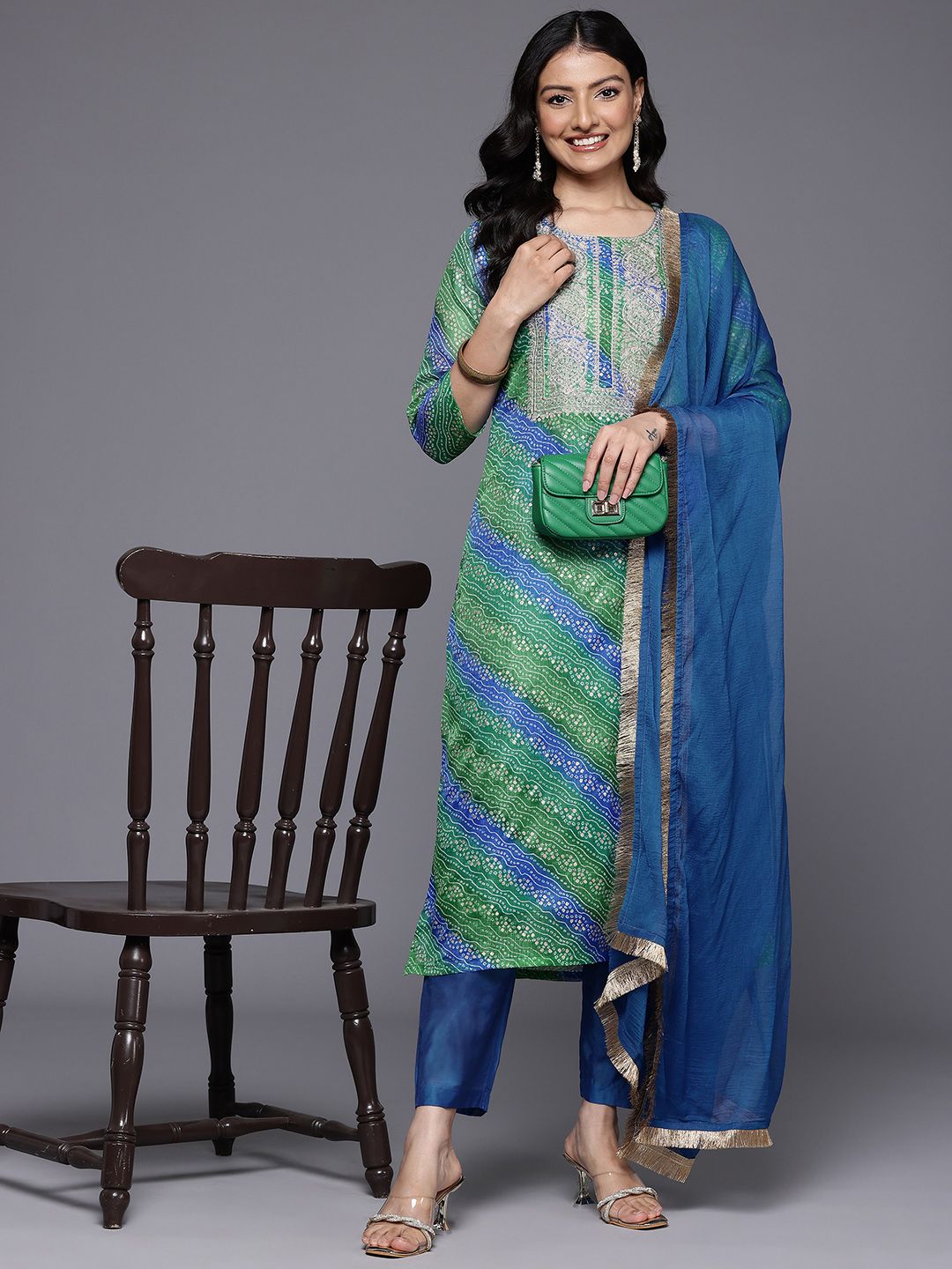 Dhiyona VA Women's Bandhani Printed Zari Embroidered Kurta with Trousers & With Dupatta