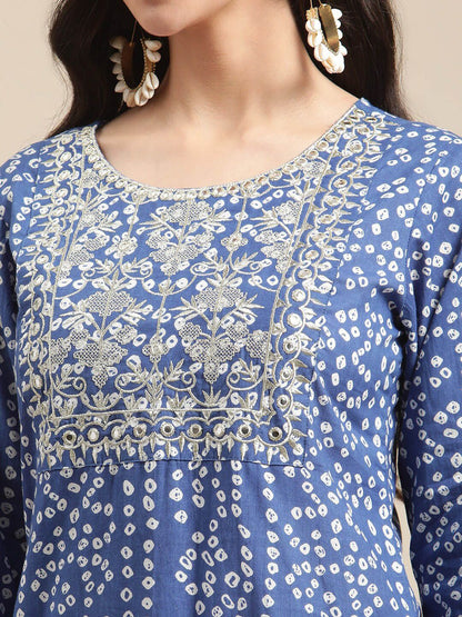 Dhiyona VA Women'sBlue And White Zari Embroidery Leheriya Kurta Sharara Set With Leheriya Dupatta