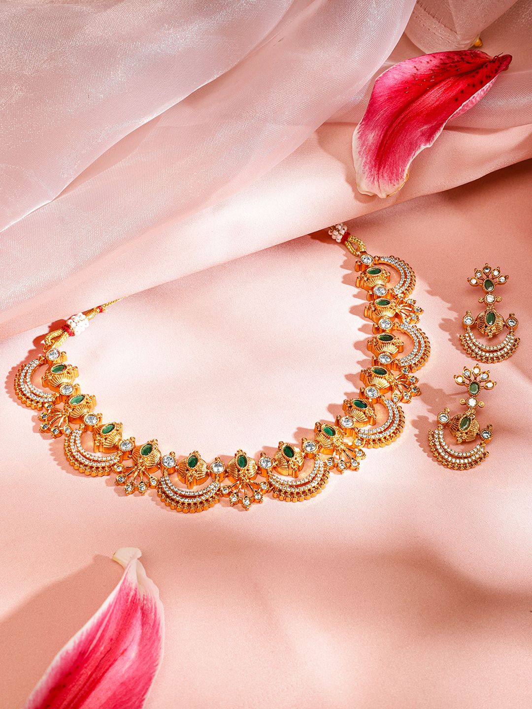 Dhiyona RJ Women's 24K Gold-Plated Emerald Green, White Cubic Zirconia & Pearl Beaded Jewellery Set
