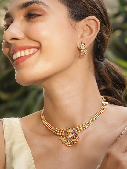 Dhiyona RJ Women's 22K Gold Plated Ruby Studded Gold Beaded Goddess Laxmi Motif Temple Jewellery Set