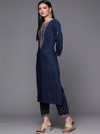 Dhiyona VA Women's Navy Blue & Golden Ethnic Motifs Embroidered Kurta with Trousers & Dupatta