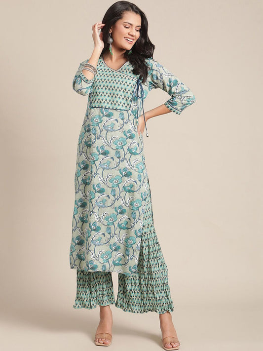 Dhiyona VA Women's Turquoise Blue Floral Printed Regular Pure Cotton Kurta with Palazzos