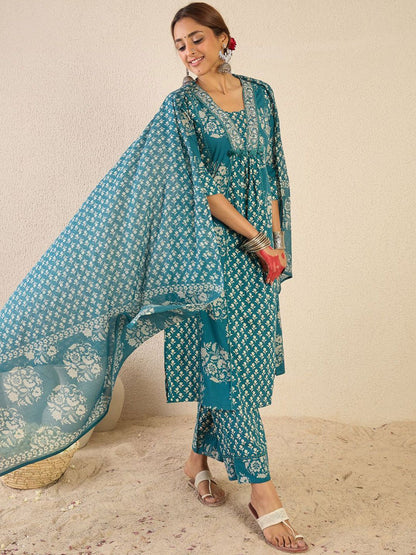 Dhiyona IE Ethnic Motifs Printed A Line Pleated Pure Cotton Kurta With Trousers & Dupatta