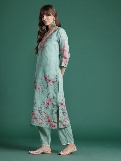 Dhiyona IE Floral Embroidered Thread Work Linen Kurta with Trousers & With Dupatta
