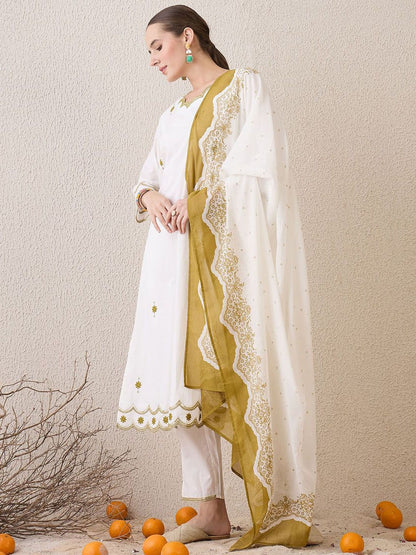 Dhiyona IE Floral Embroidered Sequinned Pure Cotton Straight Kurta With Trousers & Dupatta