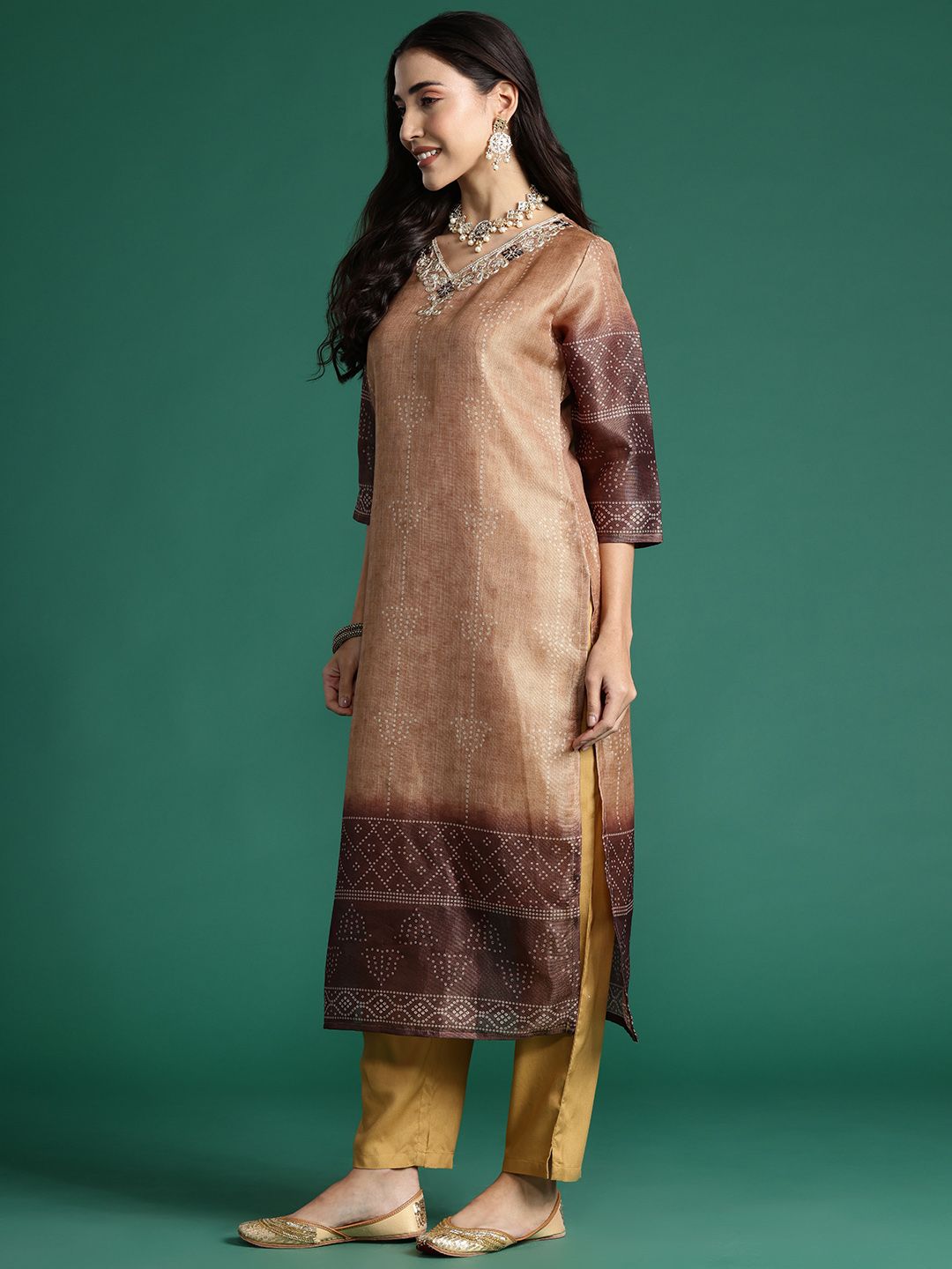 Bandhani Printed Thread Work Kurta with Trousers & With Dupatta