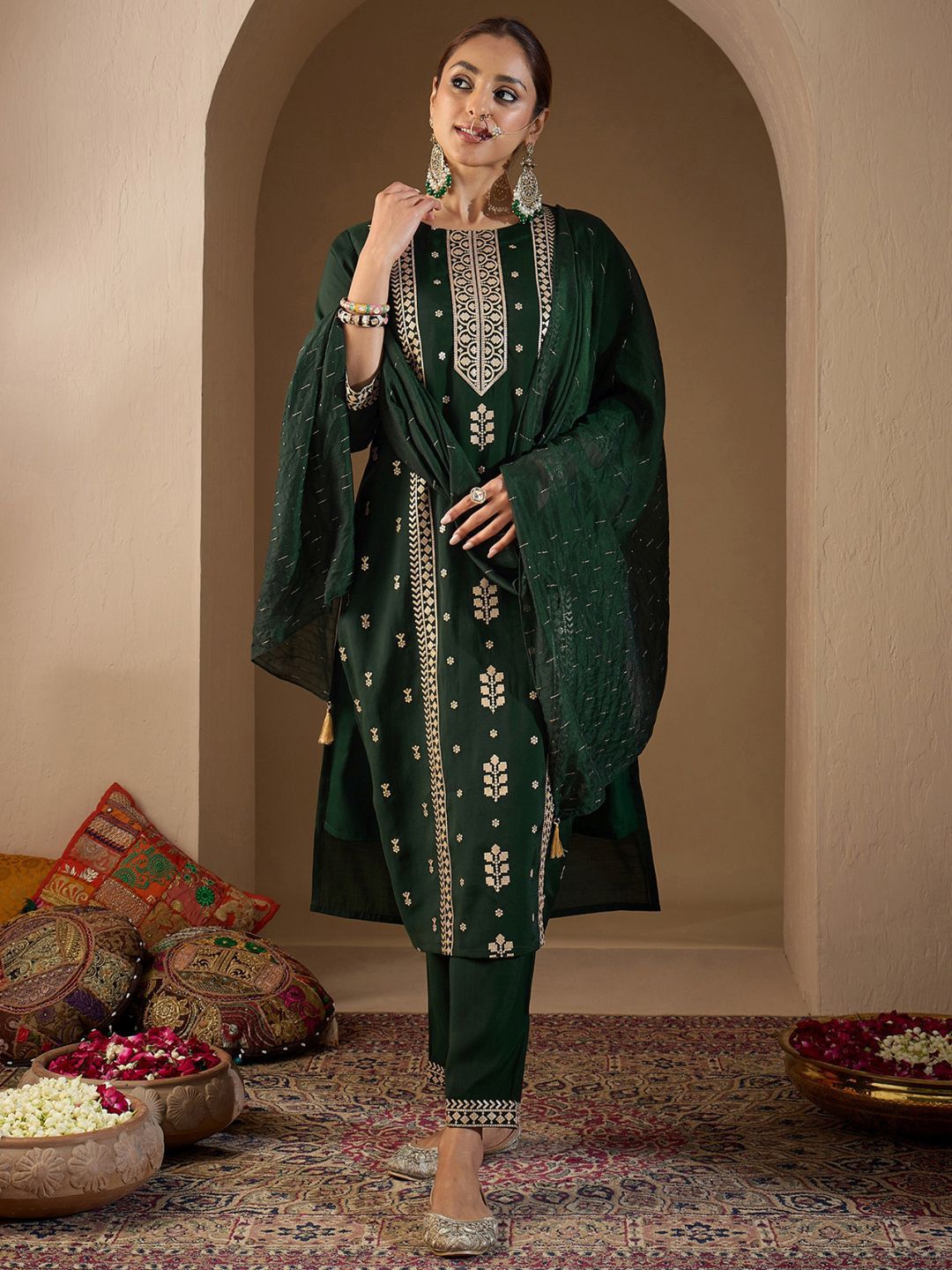 Women Ethnic Motifs Embroidered Regular Sequinned Kurta with Trousers & With Dupatta