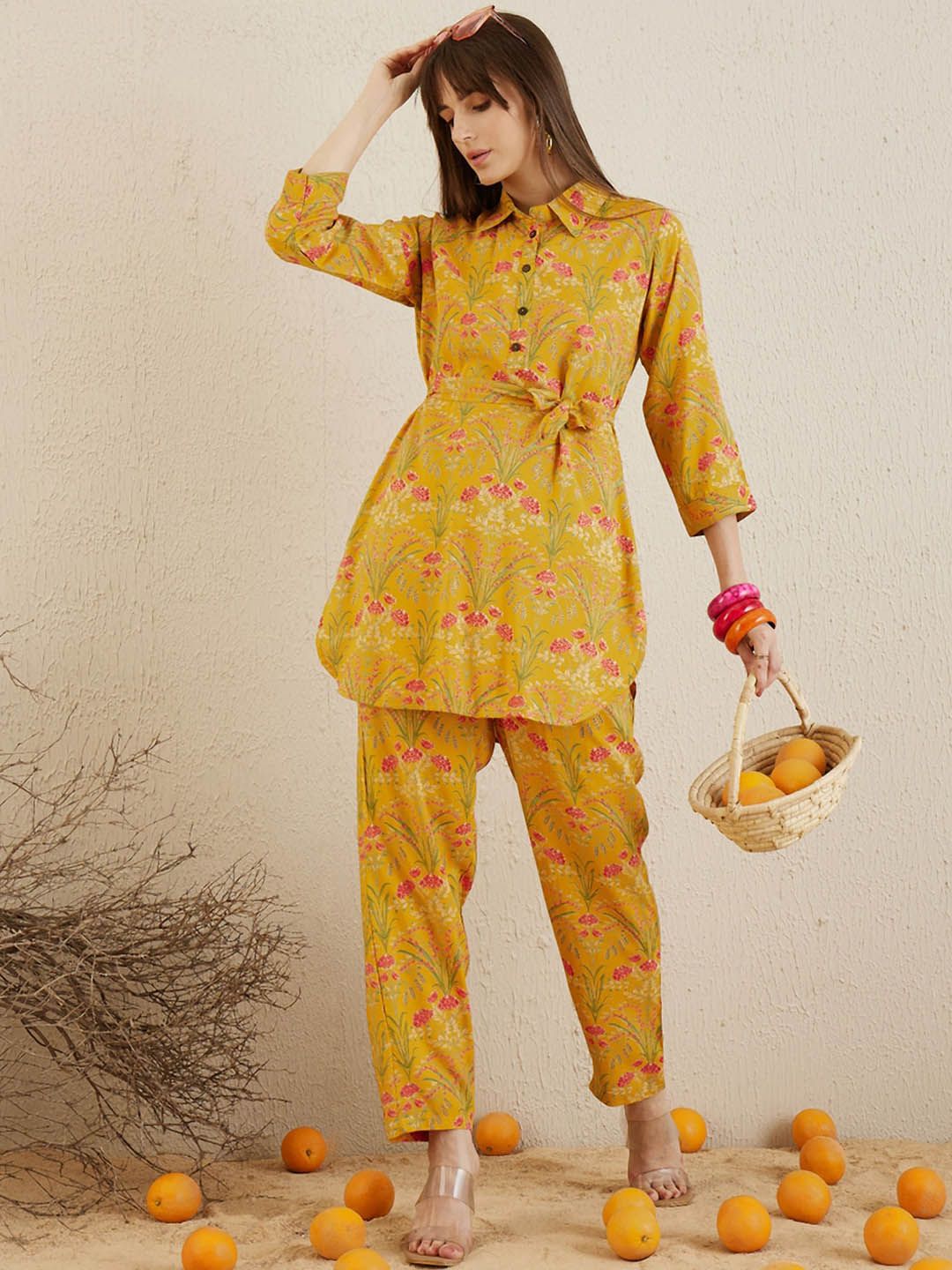 Dhiyona IE Mustard Printed Tunic With Trousers