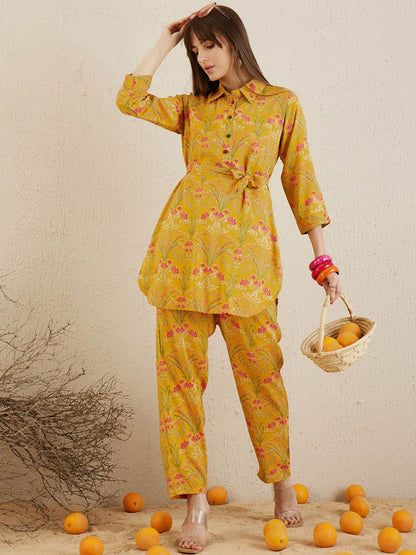 Dhiyona IE Mustard Printed Tunic With Trousers