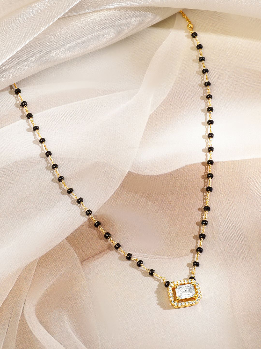 Dhiyona RJ Women's 22K Gold-Plated and Black Beaded with White Cubic Zirconia Studded Mangalsutra