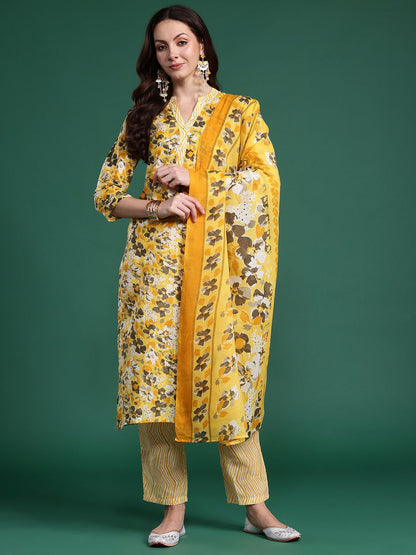 Floral Printed Regular Pure Cotton Kurta with Trousers & Dupatta