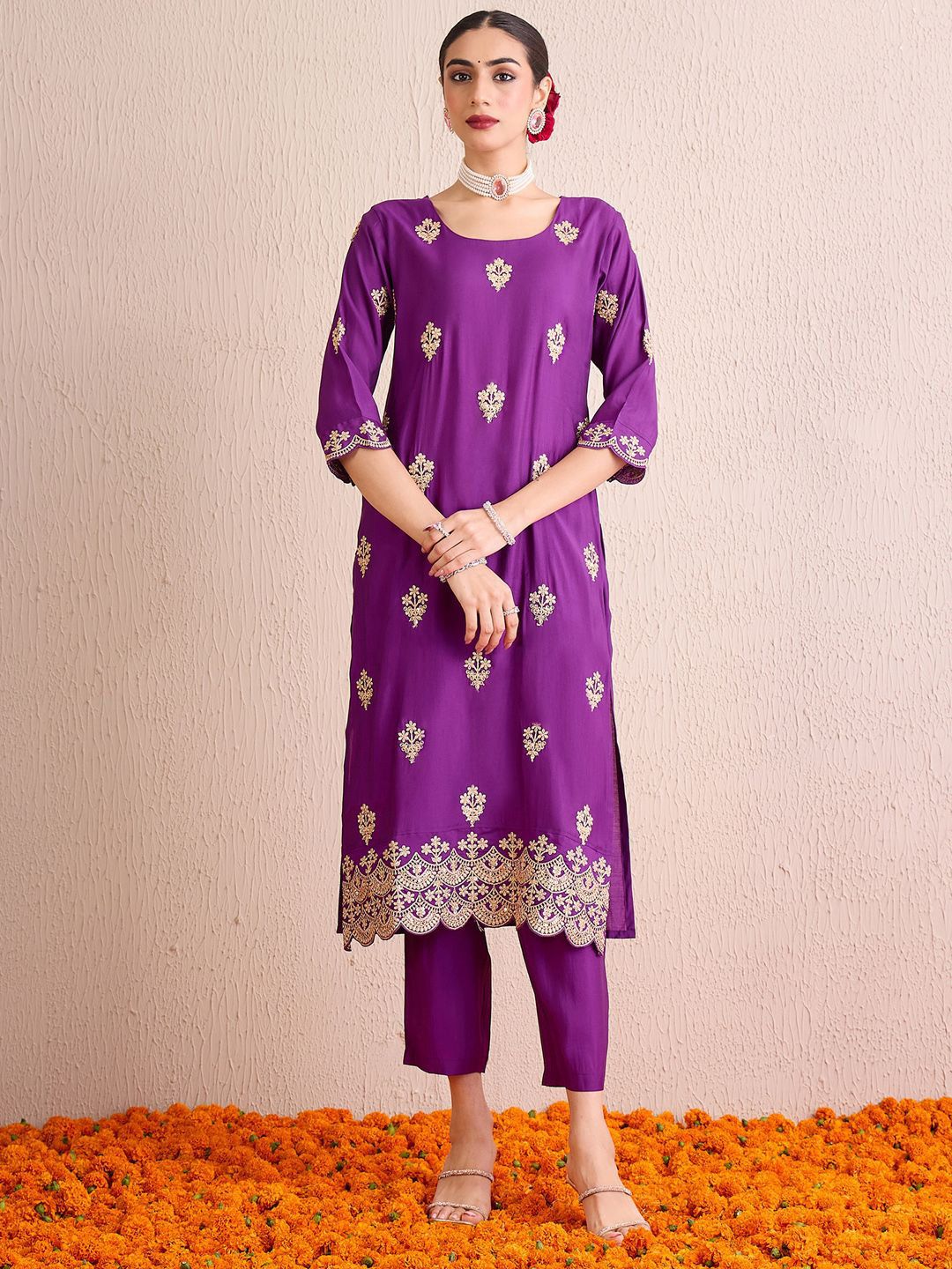 Dhiyona IE Women Ethnic Motifs Embroidered Regular Kurta with Trousers & With Dupatta
