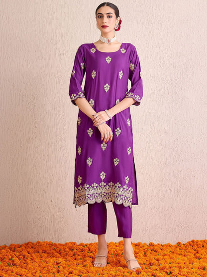 Dhiyona IE Women Ethnic Motifs Embroidered Regular Kurta with Trousers & With Dupatta