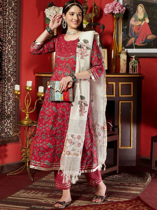 Dhiyona SN Women's Pink Floral Printed Mirror Work Pure Cotton A-Line Kurta Set
