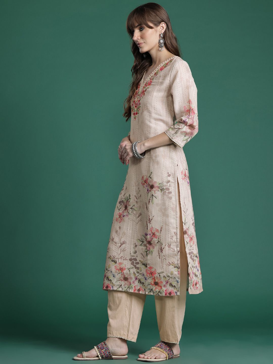 Dhiyona IE Floral Embroidered Pure Cotton Kurta with Trousers & Dupatta