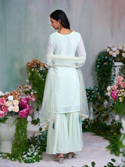Dhiyona CH Floral Embroidered Sequinned Georgette Straight Kurta With Sharara & Dupatta