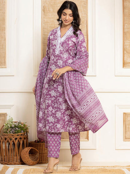 Dhiyona VA Women'sFloral Printed Regular Straight Kurta with Trouser & with Dupatta