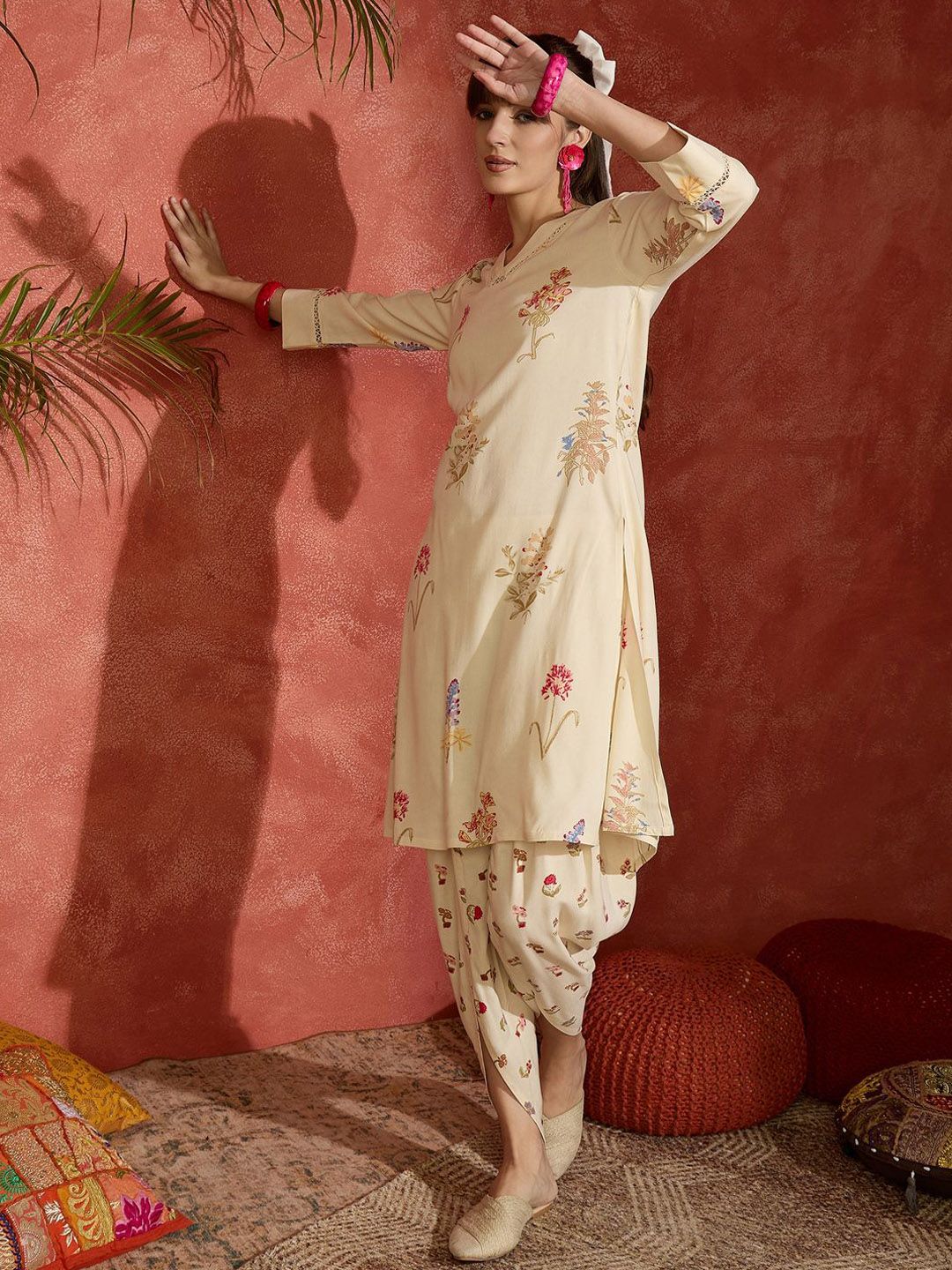 Floral Printed V-Neck Straight Kurta with Dhoti Pants