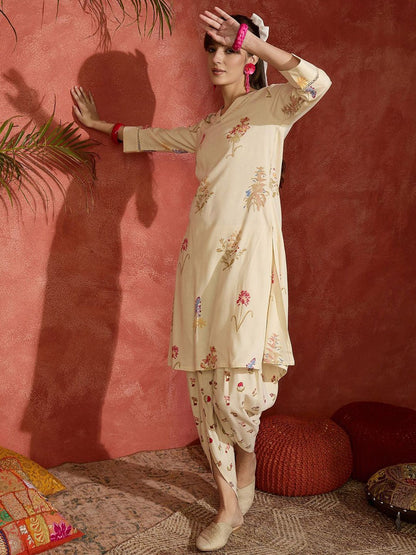 Floral Printed V-Neck Straight Kurta with Dhoti Pants