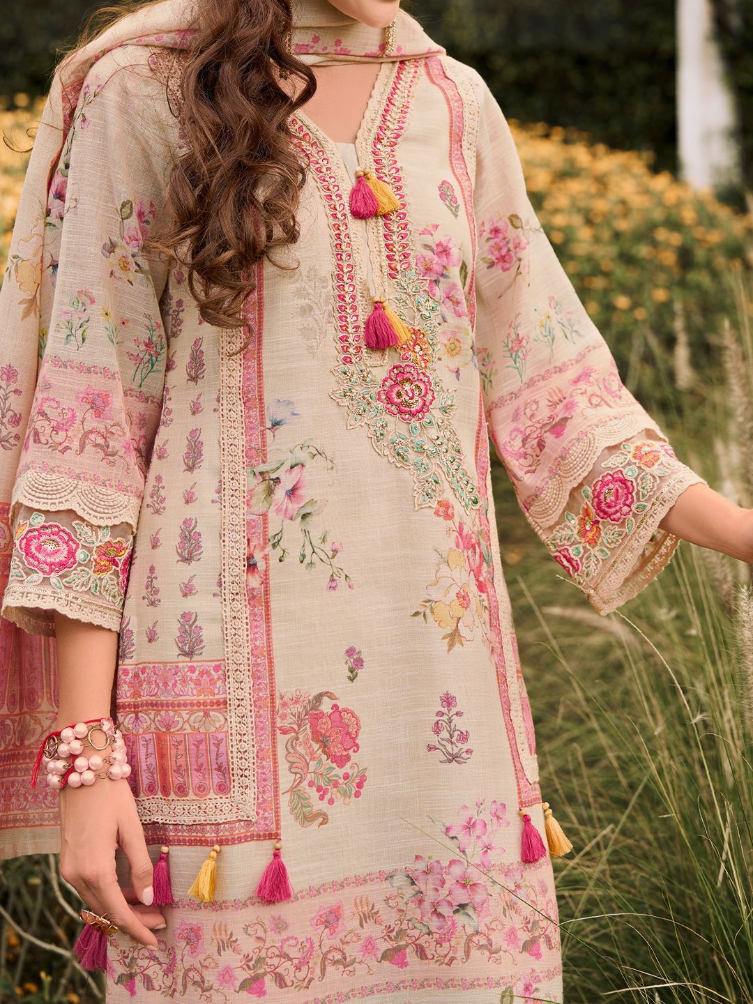 Dhiyona IE Floral Printed V-Neck Sequinned Linen Kurta With Trousers And Dupatta