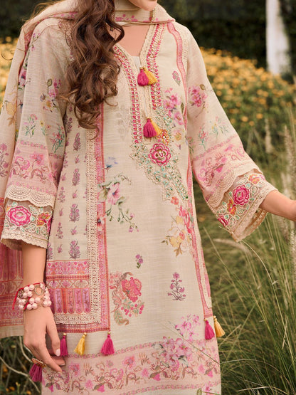 Dhiyona IE Floral Printed V-Neck Sequinned Linen Kurta With Trousers And Dupatta