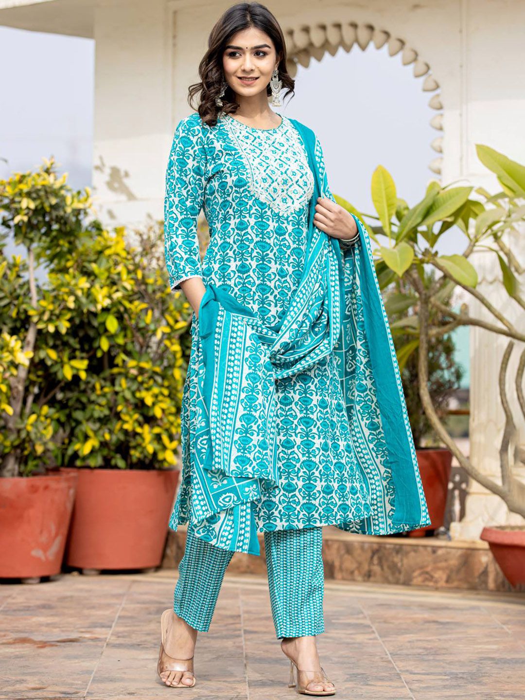 Dhiyona VA Women's Ethnic Motifs Printed Kurta with Mirror Work, Printed Trousers, and Dupatta