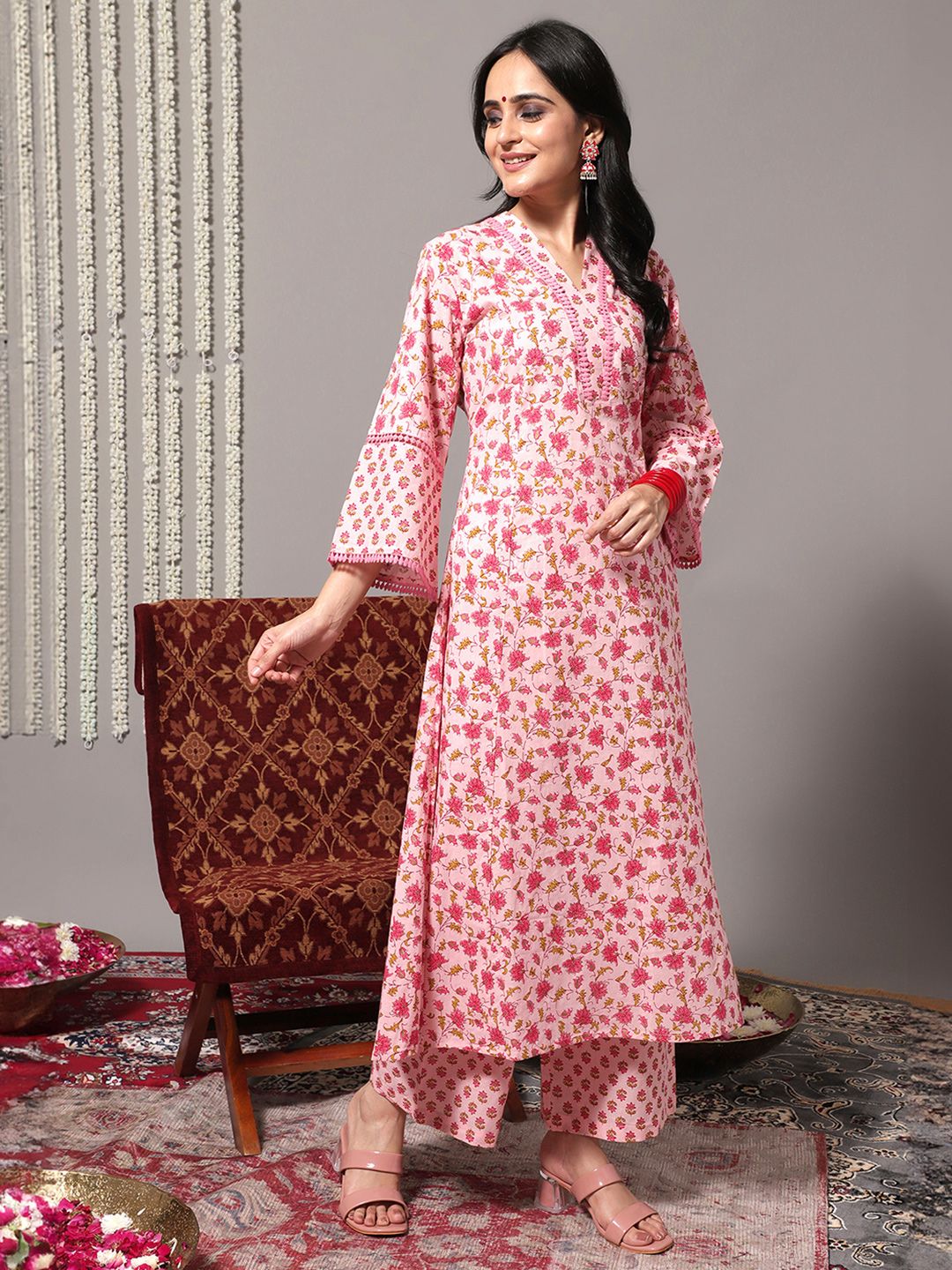 Dhiyona VA Women'sFloral Printed Pure Cotton A-Line Kurta With Trousers & Dupatta