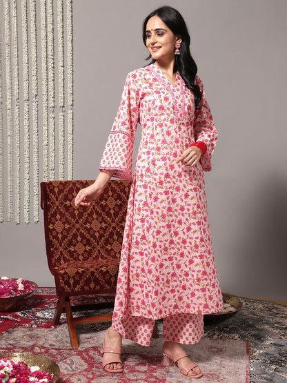 Dhiyona VA Women'sFloral Printed Pure Cotton A-Line Kurta With Trousers & Dupatta