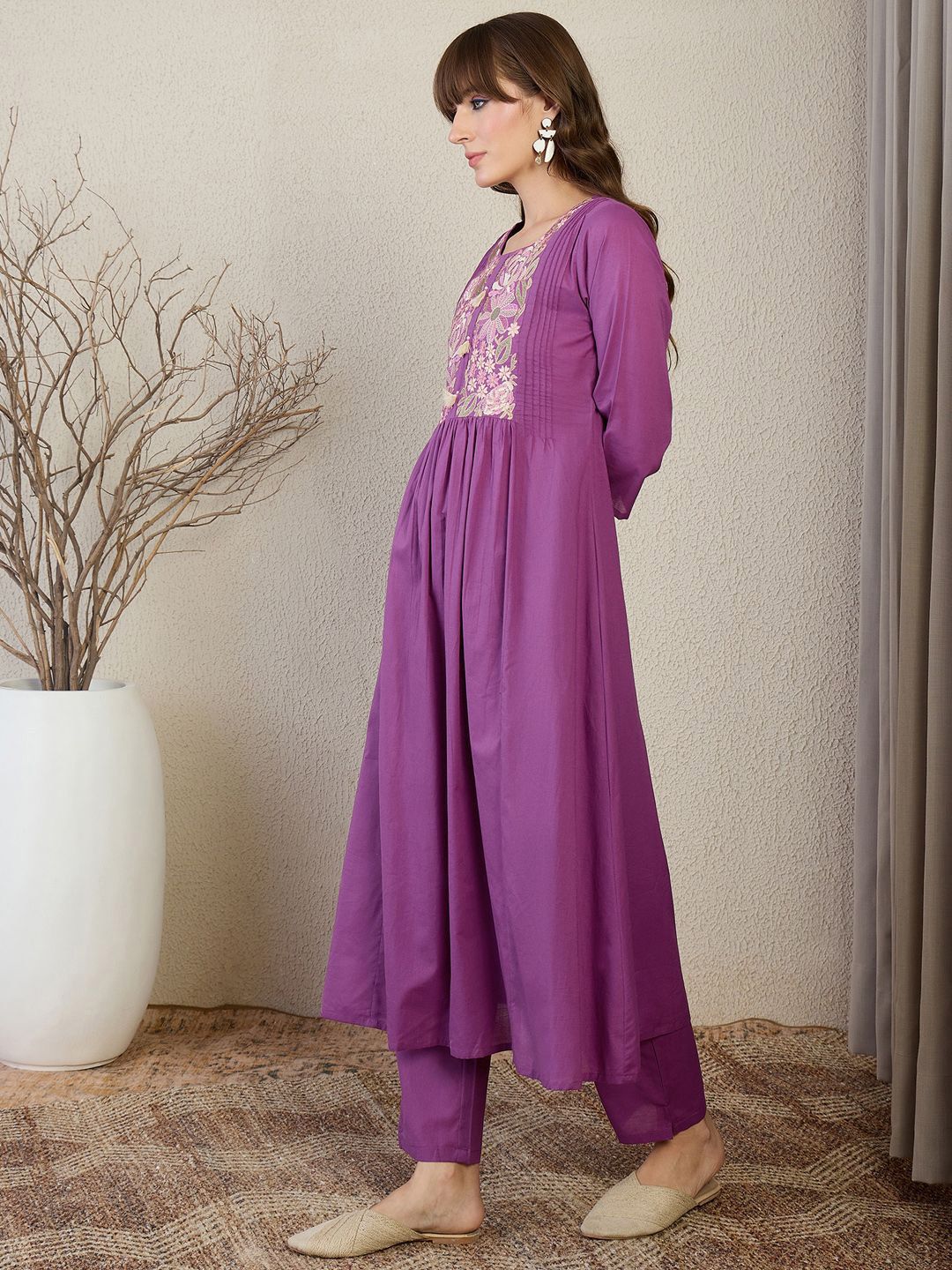 Floral Embroidered Thread Work Pure Cotton A-Line Kurta With Trousers