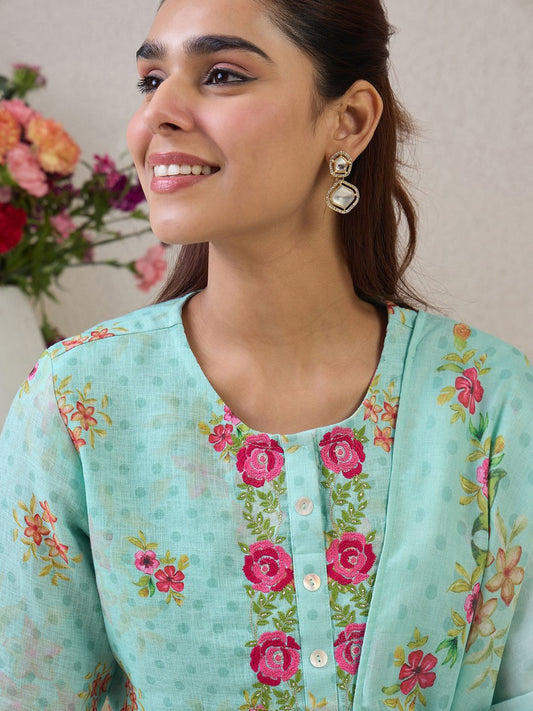 Dhiyona IE Women Floral Embroidered Thread Work Linen Kurta with Trousers & With Dupatta