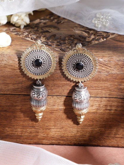 Dhiyona RJ Women's Oxidized Rhodium Plated Silver Tone Black Stone Studded Classic Drop Earrings