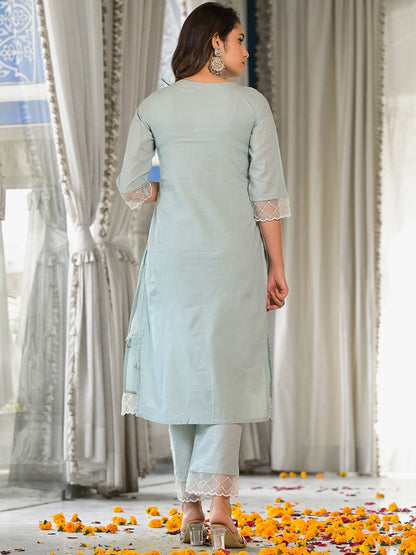 Dhiyona VA Women'sEmbroidered Sequinned Pure Cotton Kurta With Trousers & Dupatta