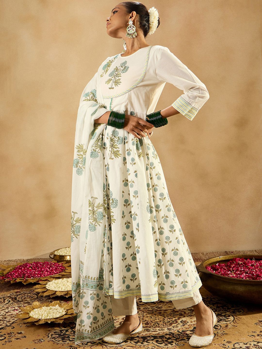 Floral Printed Empire Sequinned Pure Cotton A-Line Kurta With Trousers & Dupatta
