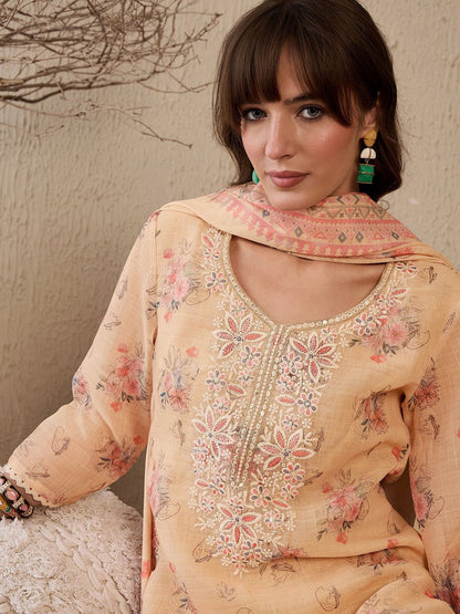 Dhiyona IE Women Floral Embroidered Regular Thread Work Linen Kurta with Trousers & With Dupatta