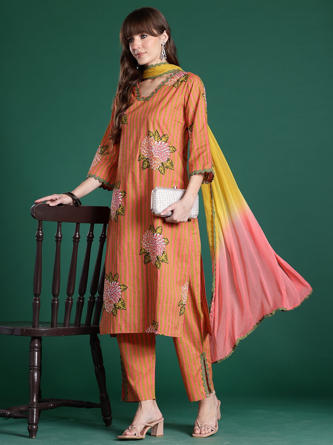 Striped Beads & Stones Pure Cotton Kurta With Trousers & Dupatta