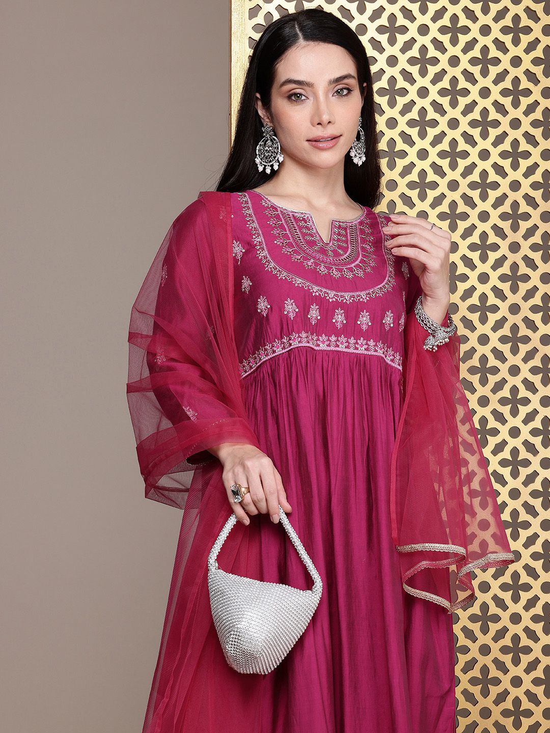 Dhiyona PD Women Jashn Yoke Design Zari Work A-Line Kurta With Trousers & Dupatta