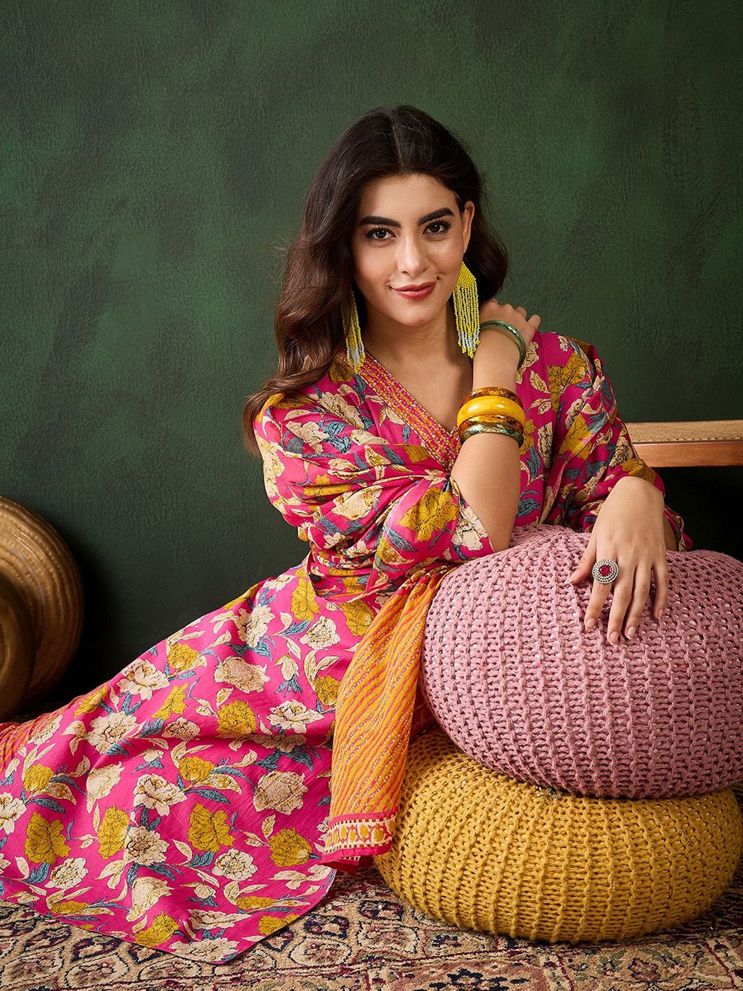 Dhiyona SN Women's Floral Printed Sequinned Pure Cotton Straight Kurta & Trouser With Dupatta