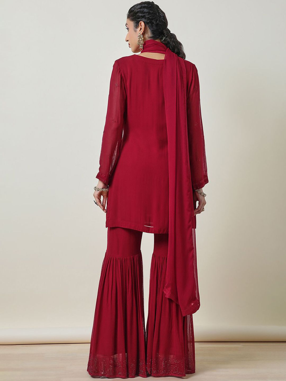 Dhiyona SO Women's Floral Embroidered Beads & Stones Straight Kurti with Sharara & Dupatta