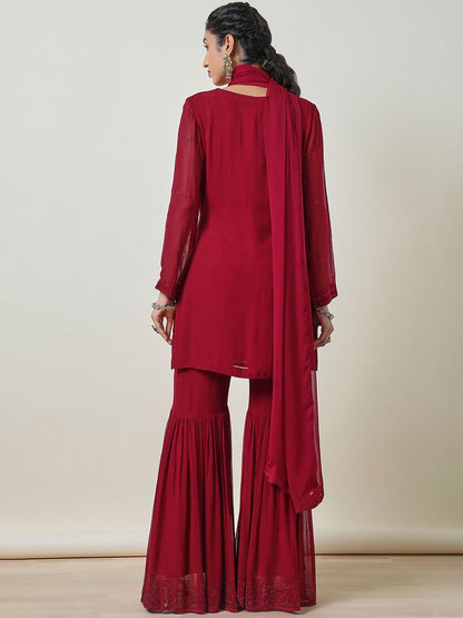 Dhiyona SO Women's Floral Embroidered Beads & Stones Straight Kurti with Sharara & Dupatta