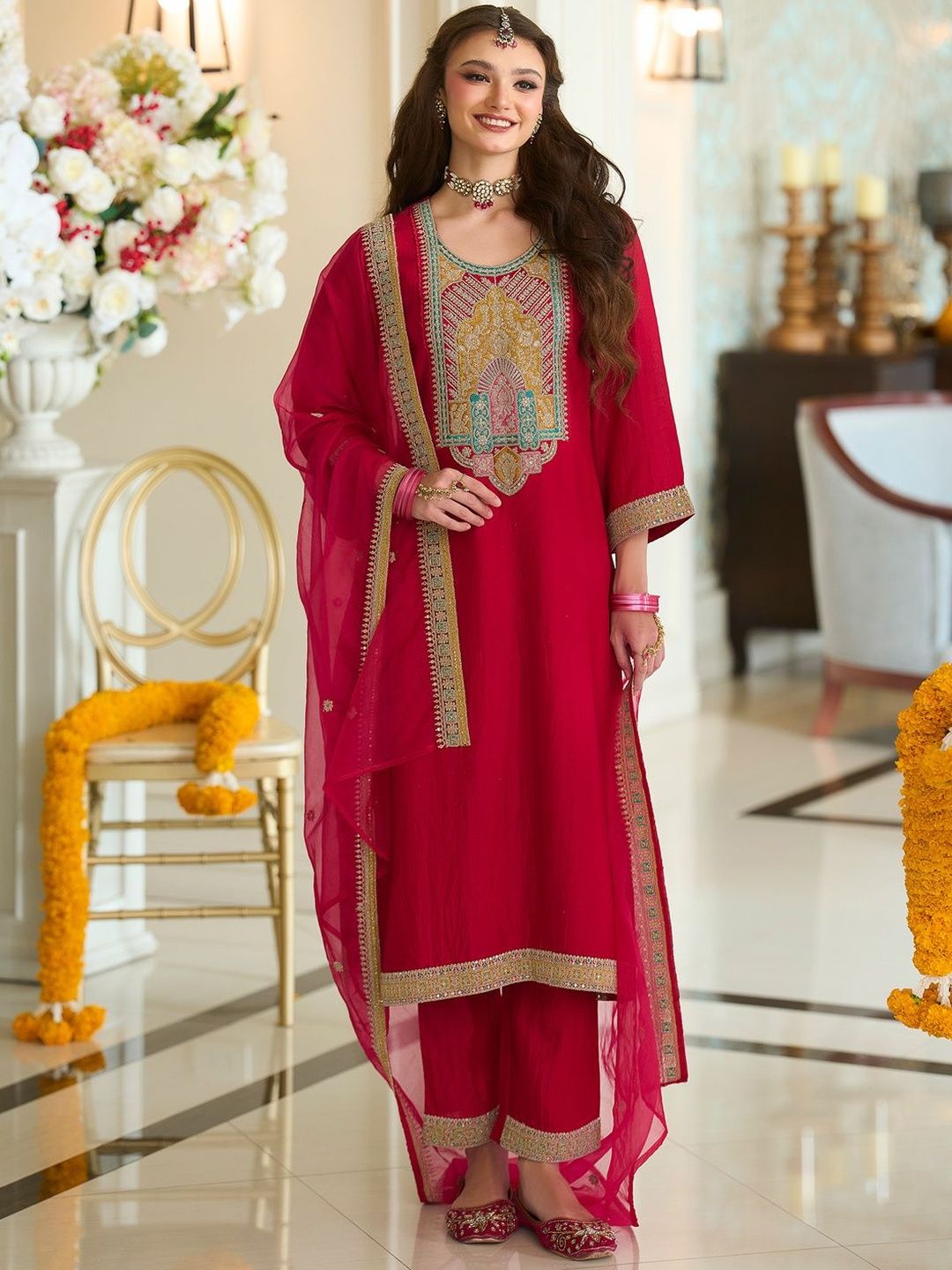Women Ethnic Motifs Embroidered A-Line Kurta with Trousers & Dupatta