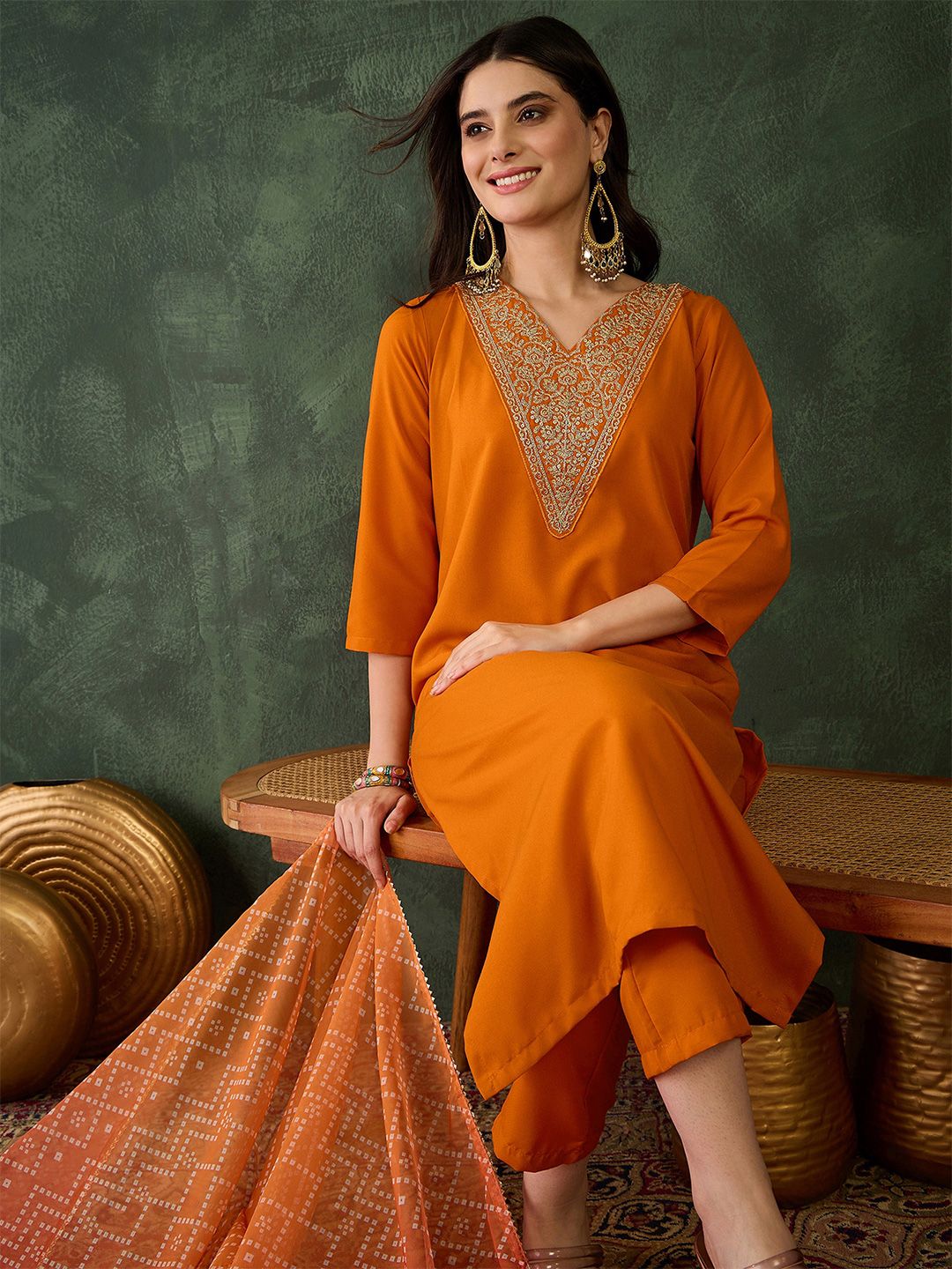 Dhiyona KL Ethnic Motifs Embroidered Round Neck Sequinned Kurta With Trousers & Dupatta