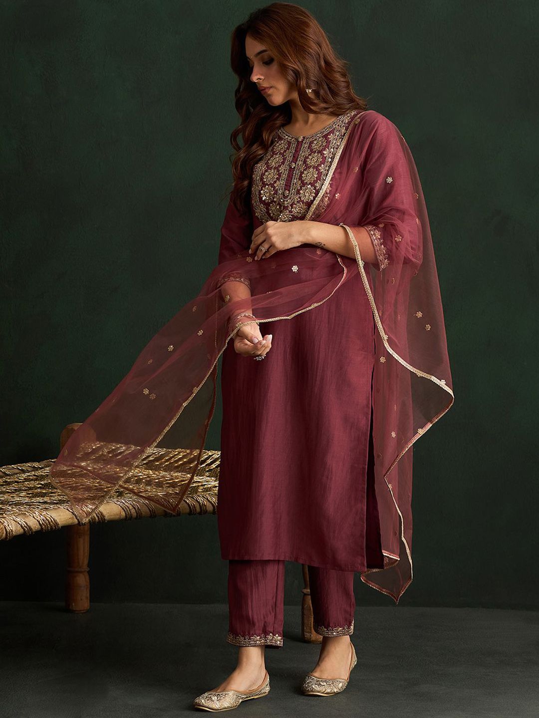 Floral Embroidered Straight Kurta with Trousers & Dupatta