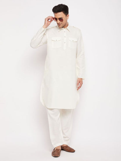 Men's Cream Cotton Blend Pathani Pathani Kurta Set