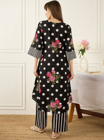 Dhiyona IE Printed V-Neck Three-Quarter Sleeves Pure Cotton Tunic And Trousers