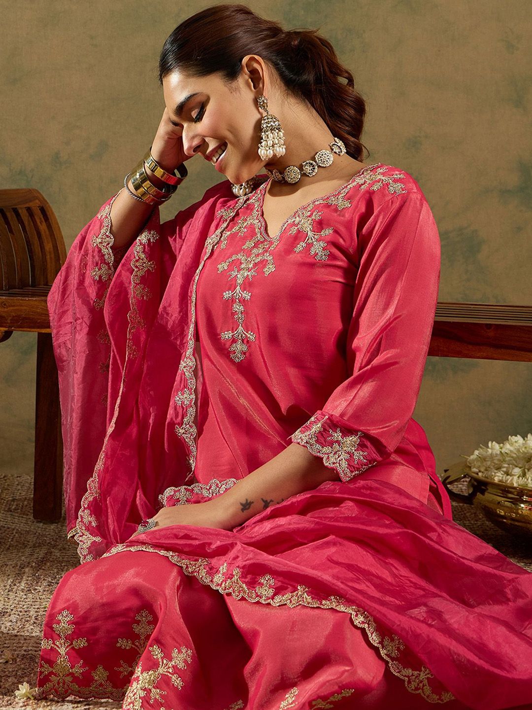 Dhiyona IE Floral Embroidered Kurta With Trousers & Dupatta